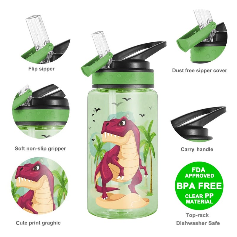 Home Tune 15oz Water Bottle for Kids Girls Boys School, BPA Free, Leak Proof Flip Straw, Carry Loop, Easy Clean - Dinosaur - Image 3